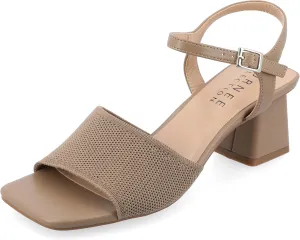 Journee Womens Knit Buckle Ankle Strap Covered Block Heel Open Square Toe Evylinn Comfort Foam Sandals