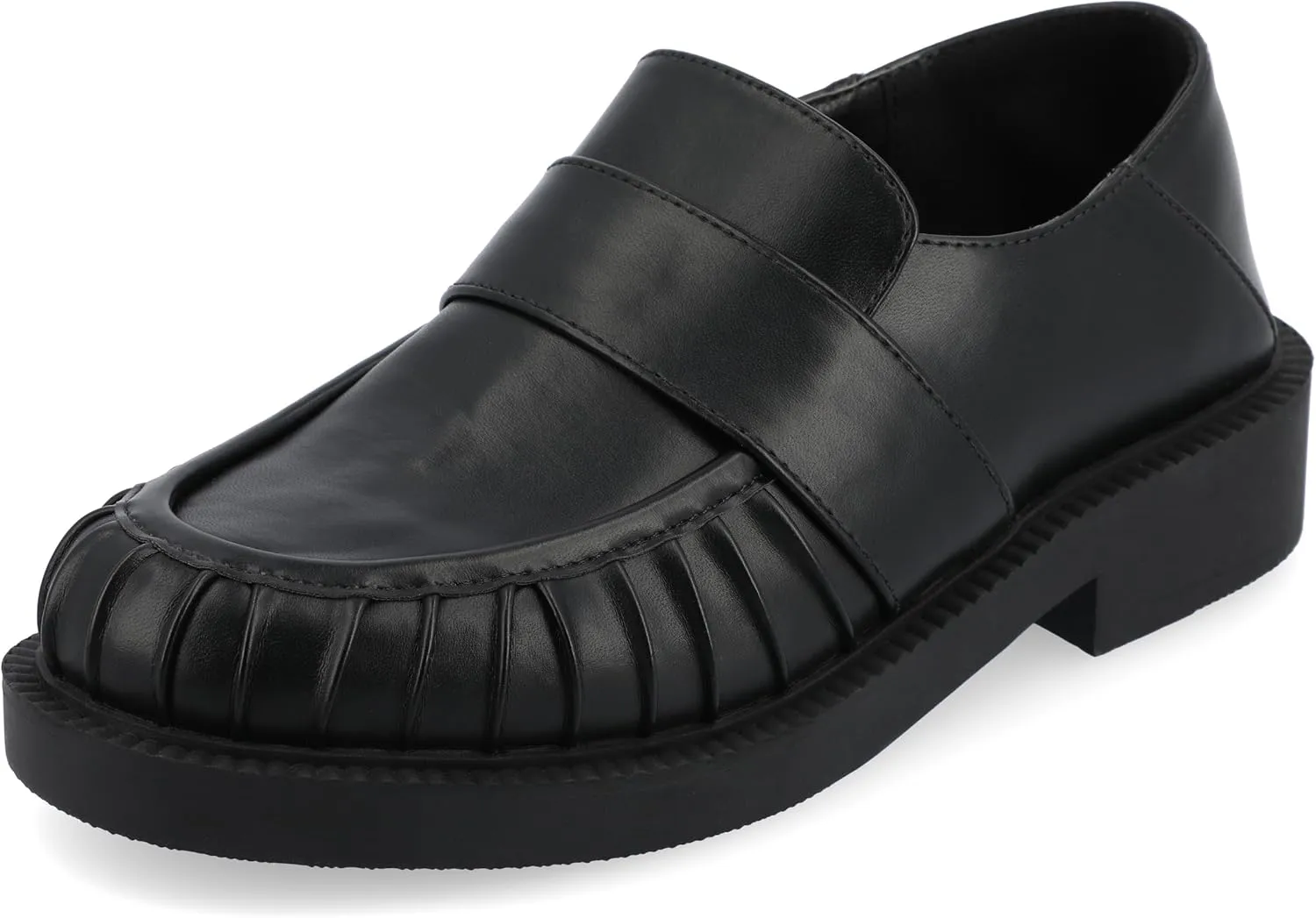 Journee Womens Ruched Lakenn Comfort Foam Slip On Closed Round Toe Crash Back Block Heel Loafer Flats Black, 7