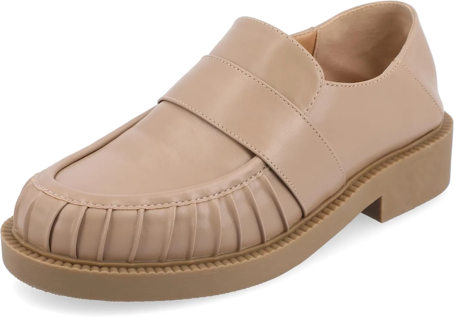 Journee Womens Ruched Lakenn Comfort Foam Slip On Closed Round Toe Crash Back Block Heel Loafer Flats Taupe, 11