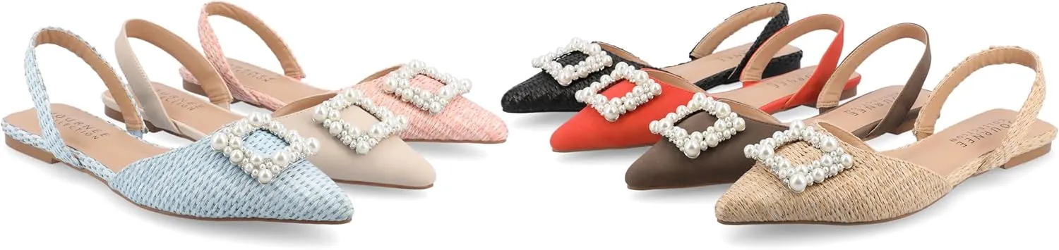Journee Womens Slingback Jewel Pointed Toe Ballet Flats Slip On Shoes Raffia Pearl Hannae Slides