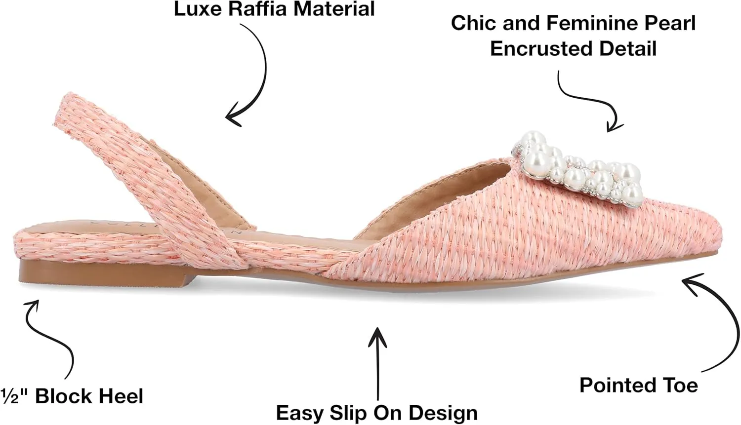 Journee Womens Slingback Jewel Pointed Toe Ballet Flats Slip On Shoes Raffia Pearl Hannae Slides