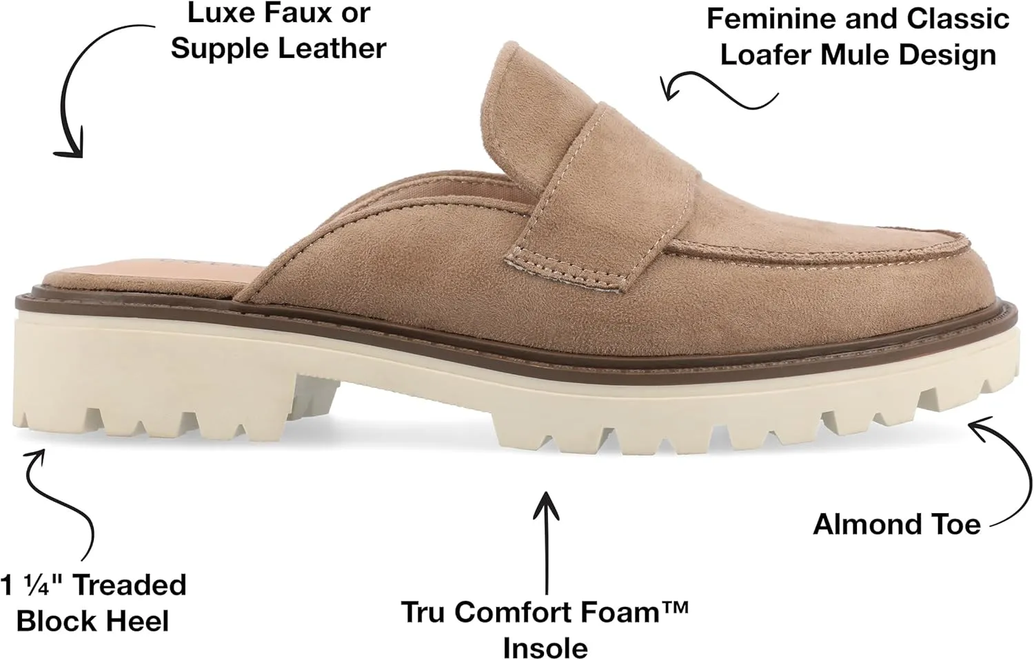 Journee Womens Slip On Loafer Mule Shoes Treaded Outsole Almond Toe Miycah Tru Comfort Foam Block Heel Flats