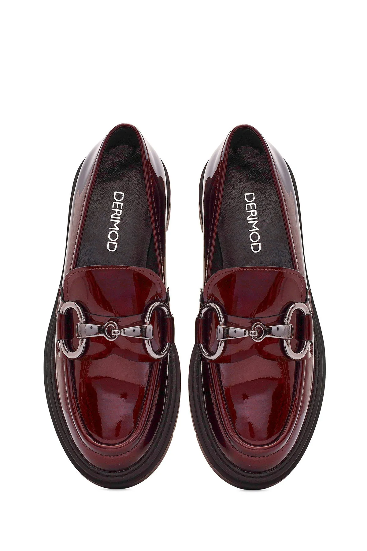 Kadın Bordo Toka Detaylı Rugan Deri Maskülen Loafer
