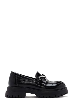 Kadın Siyah Rugan Deri Maskülen Loafer