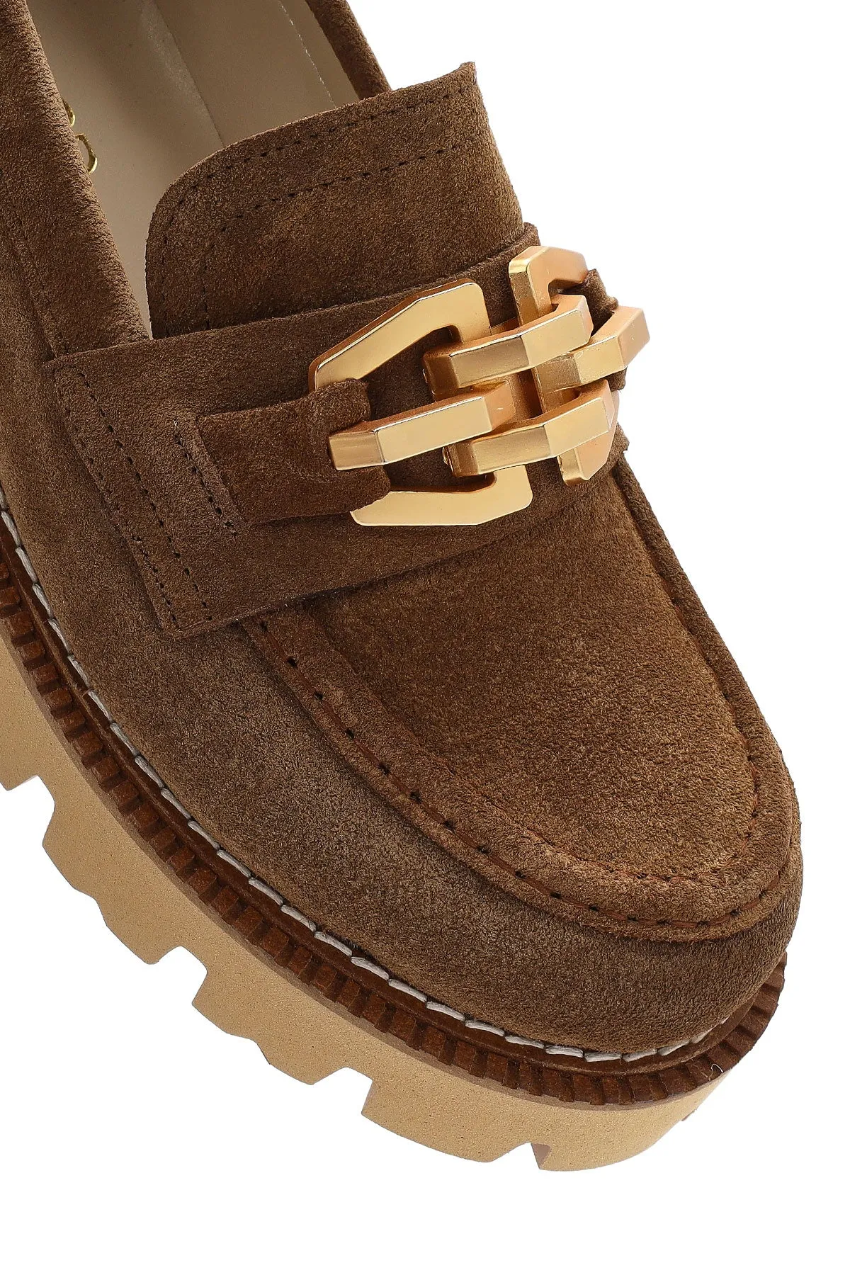 Kadın Taba Tokalı Kalın Tabanlı Süet Deri Maskülen Loafer