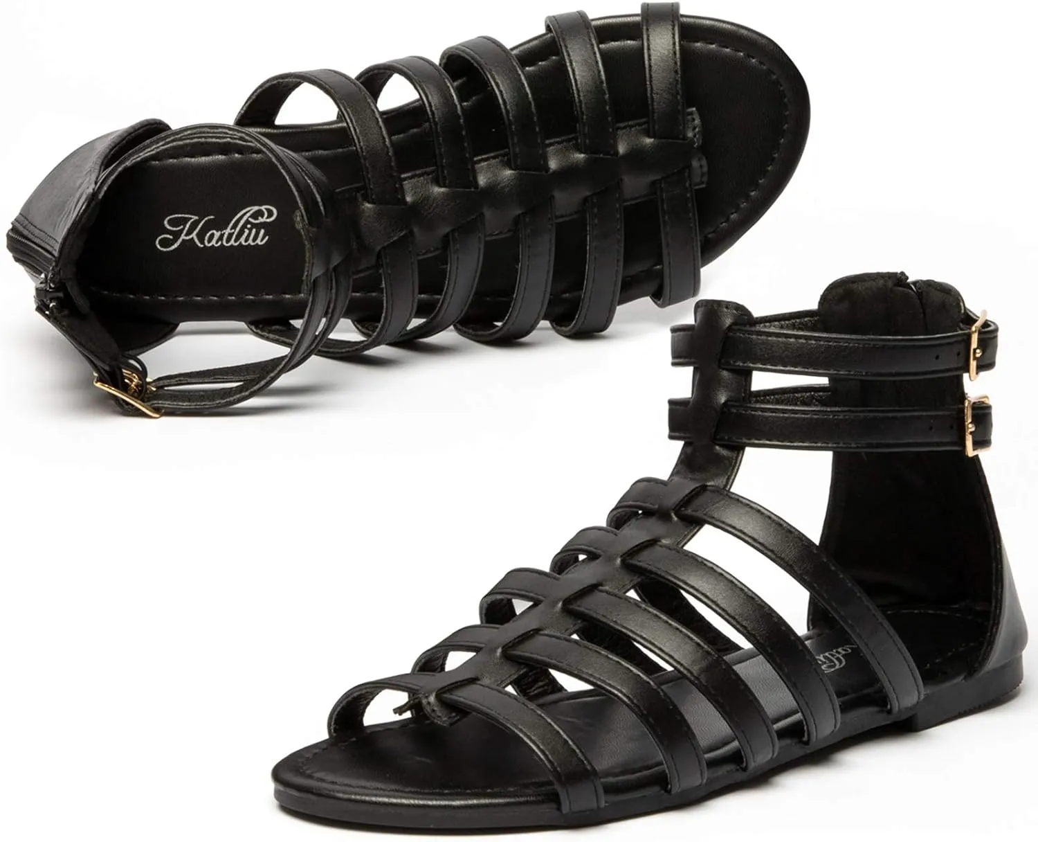 katliu Women's Gladiator Sandal Flat Strap Sandals Two Ankle Buckle