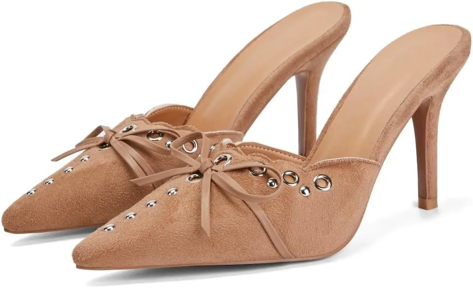 keleimusi Mid Heel Slip On Suede Pumps Studded Bow Heeled Mules Sandals Pointed Toe Shoes for Women
