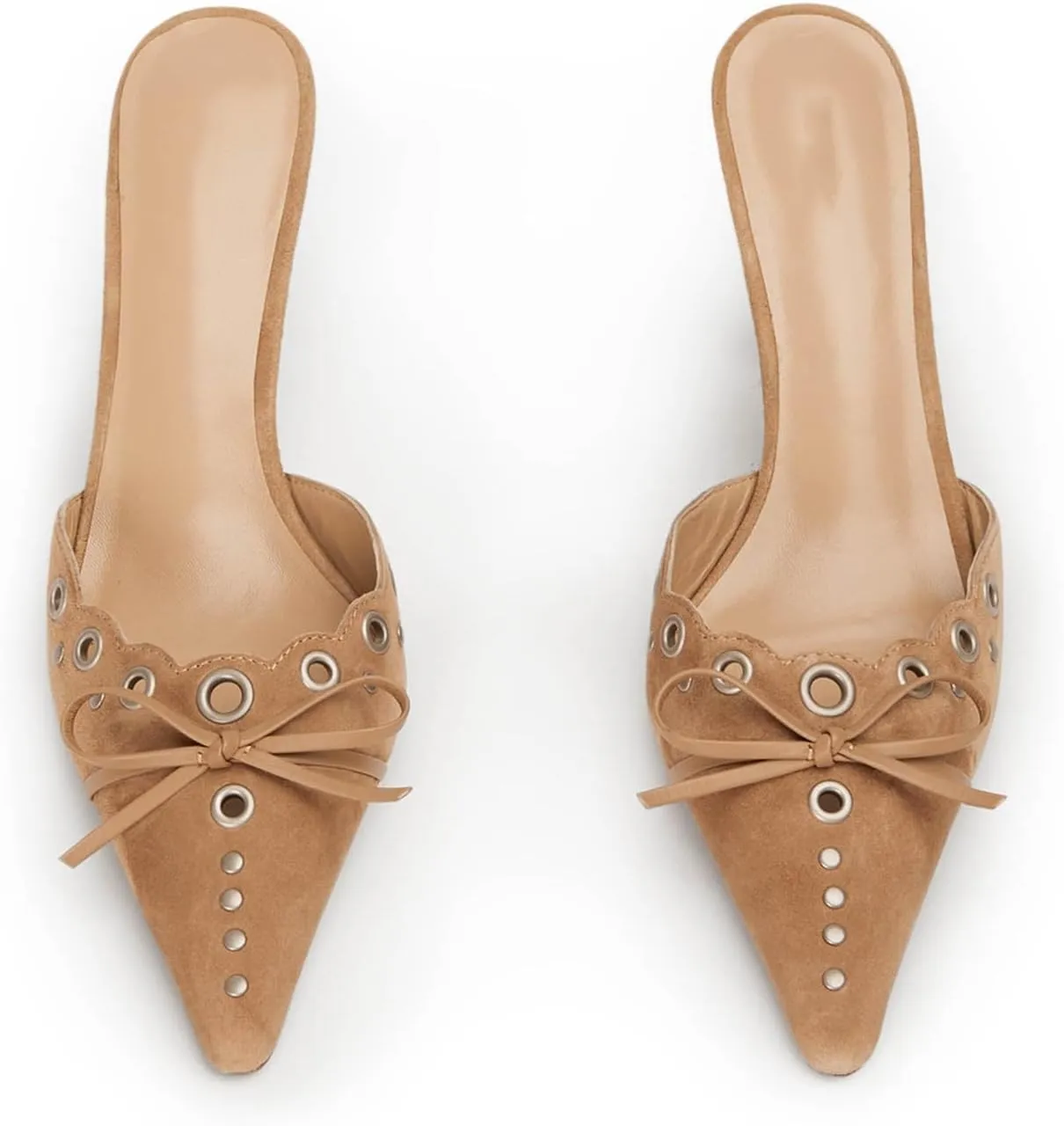 keleimusi Mid Heel Slip On Suede Pumps Studded Bow Heeled Mules Sandals Pointed Toe Shoes for Women