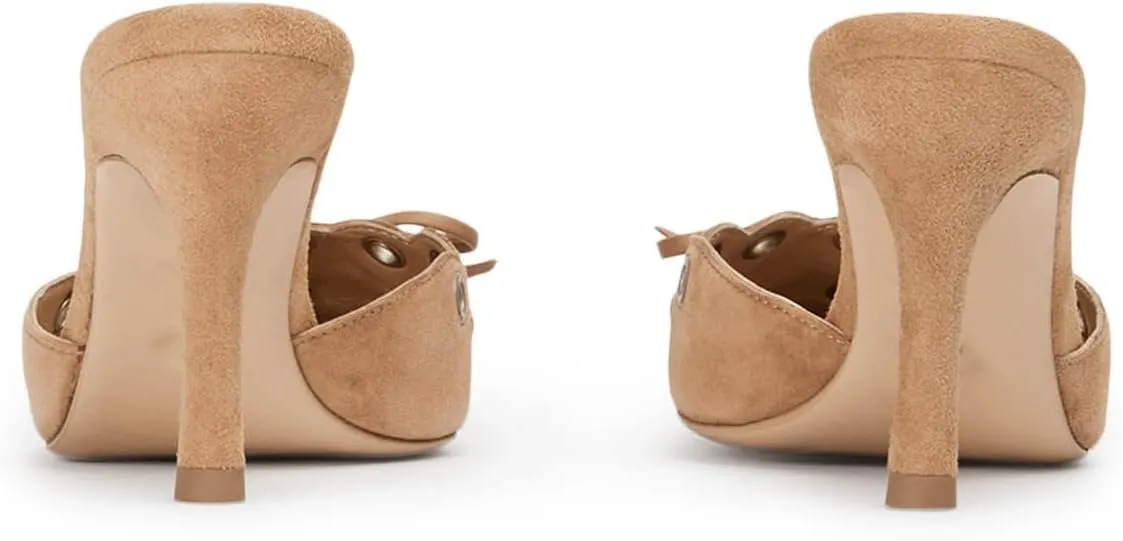 keleimusi Mid Heel Slip On Suede Pumps Studded Bow Heeled Mules Sandals Pointed Toe Shoes for Women