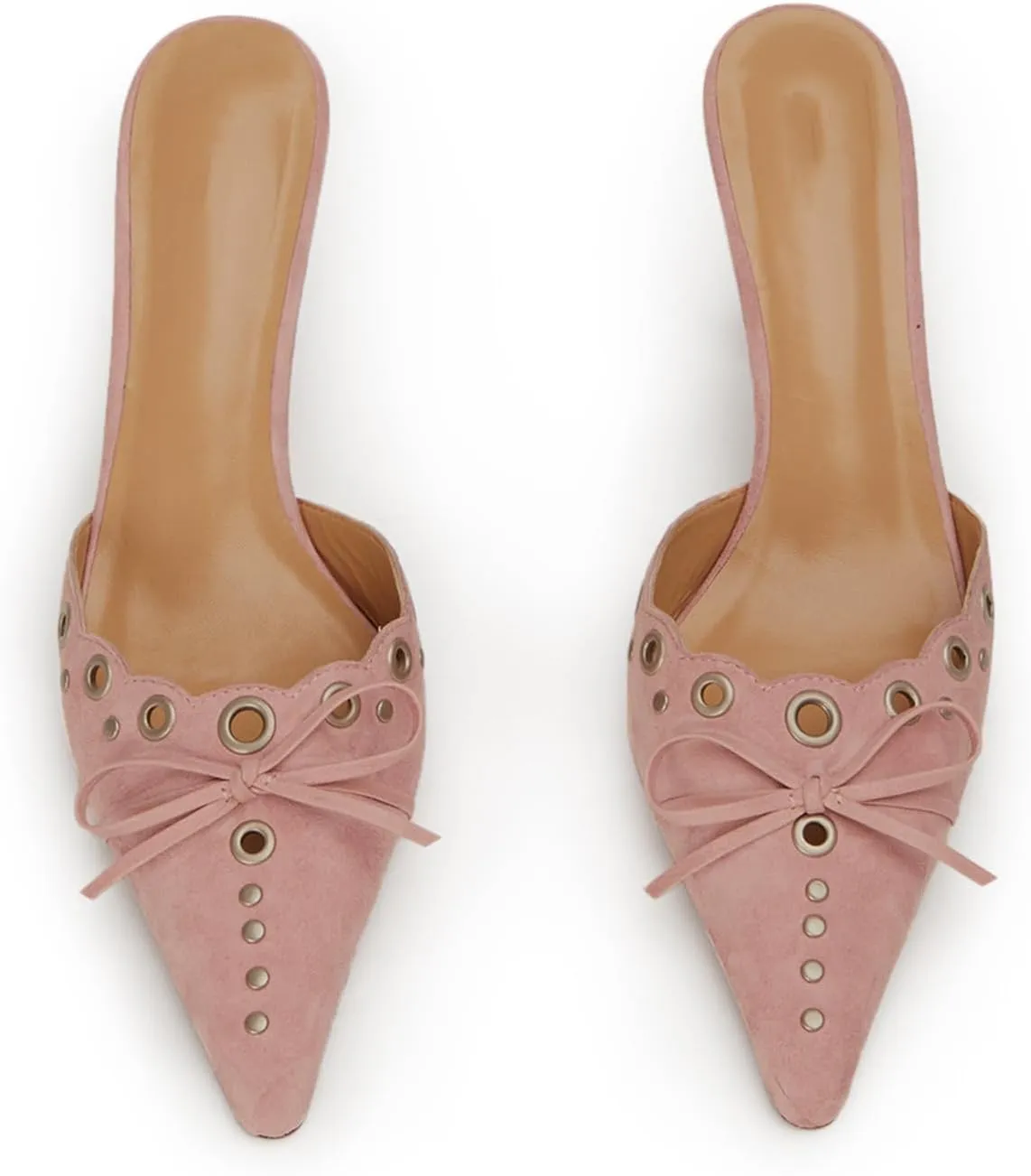 keleimusi Mid Heel Slip On Suede Pumps Studded Bow Heeled Mules Sandals Pointed Toe Shoes for Women