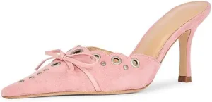 keleimusi Mid Heel Slip On Suede Pumps Studded Bow Heeled Mules Sandals Pointed Toe Shoes for Women