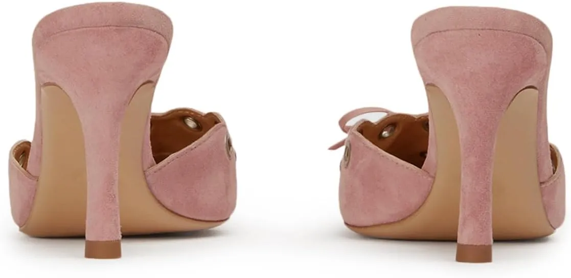 keleimusi Mid Heel Slip On Suede Pumps Studded Bow Heeled Mules Sandals Pointed Toe Shoes for Women