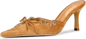 keleimusi Mid Heel Slip On Suede Pumps Studded Bow Heeled Mules Sandals Pointed Toe Shoes for Women