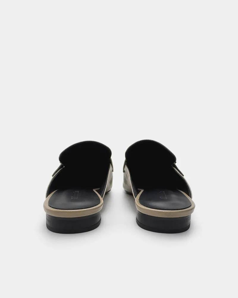 Khaki Leather Flat Loafer Mules