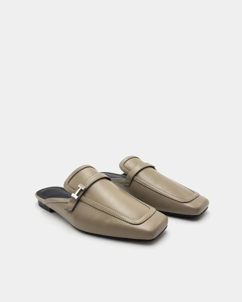 Khaki Leather Flat Loafer Mules