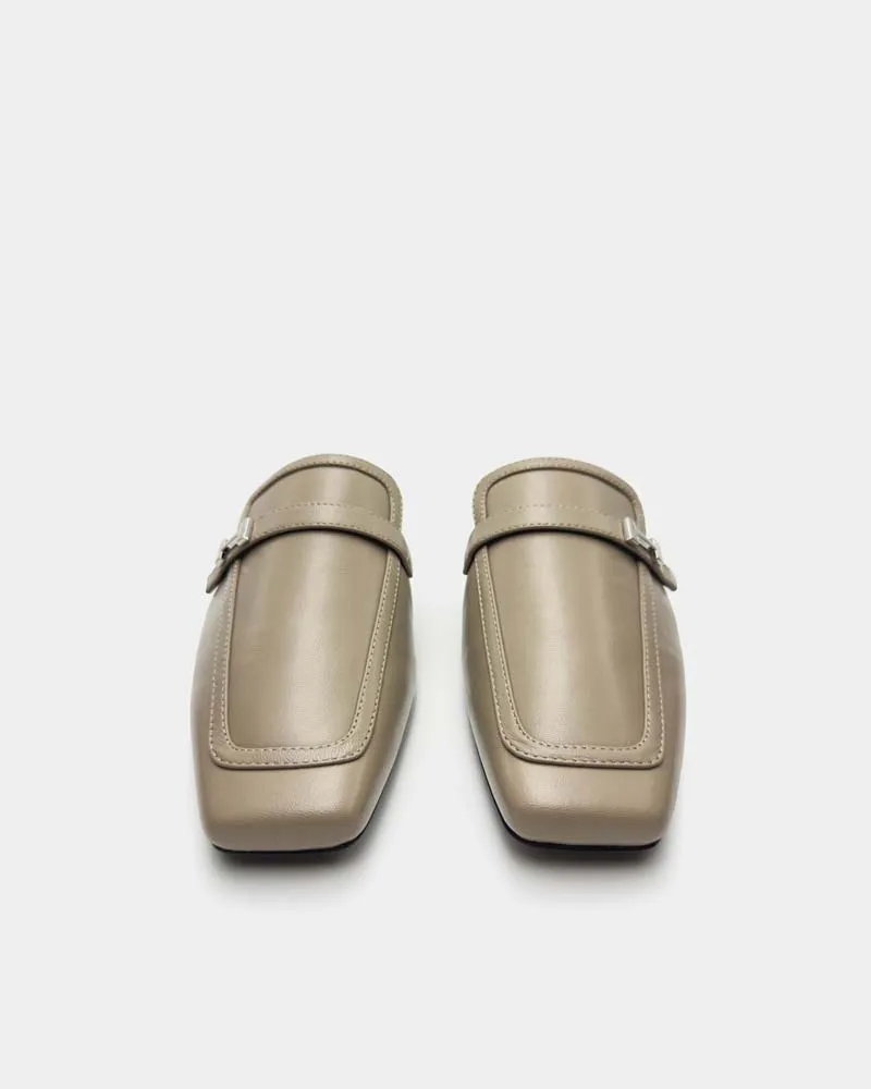 Khaki Leather Flat Loafer Mules