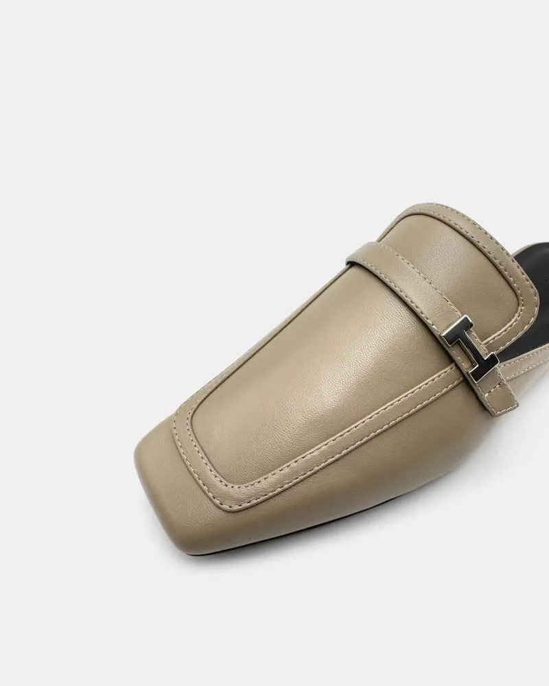 Khaki Leather Flat Loafer Mules