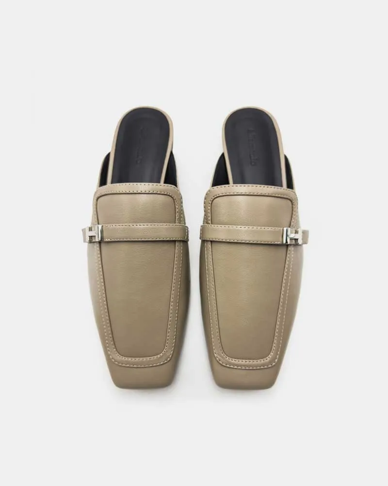 Khaki Leather Flat Loafer Mules