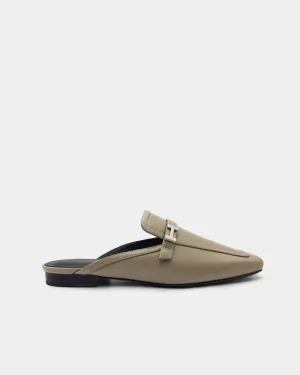 Khaki Leather Flat Loafer Mules