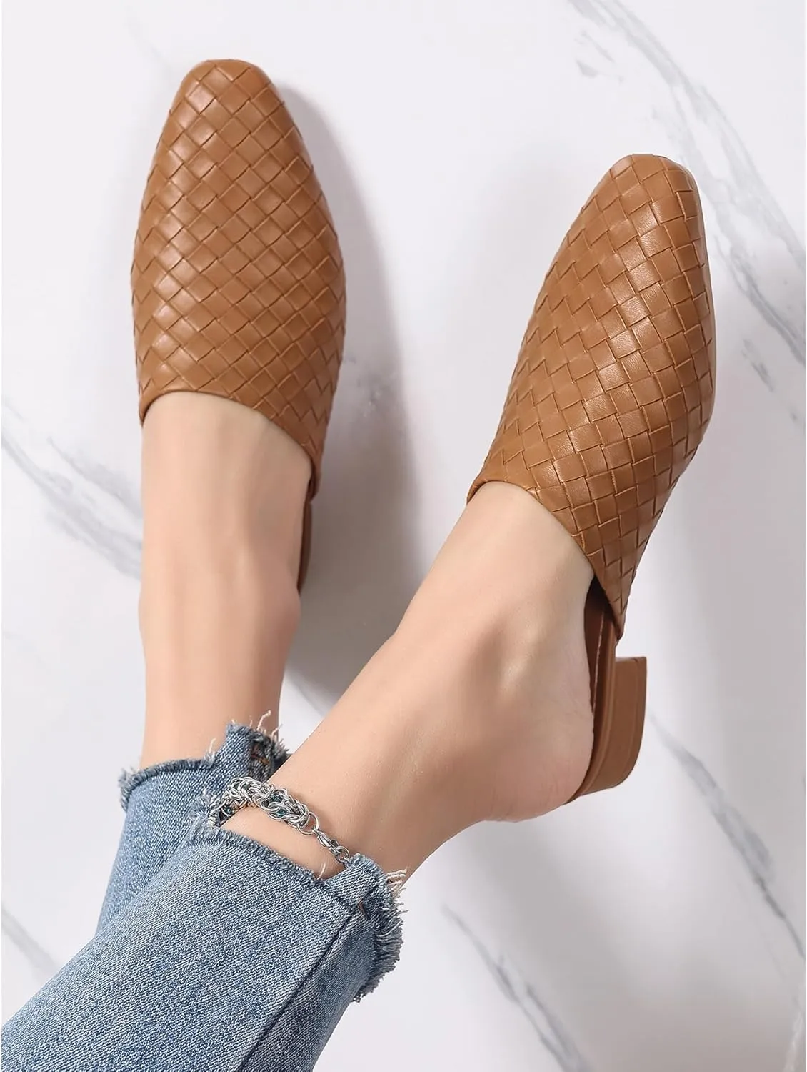 Kluolandi Heeled Woven Mules for Women Low Mule Heels Closed Toe Slip On Slides Backless Loafer Shoes