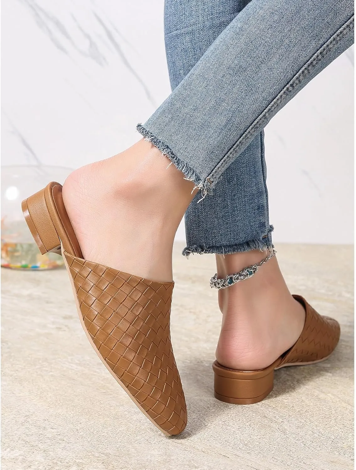 Kluolandi Heeled Woven Mules for Women Low Mule Heels Closed Toe Slip On Slides Backless Loafer Shoes