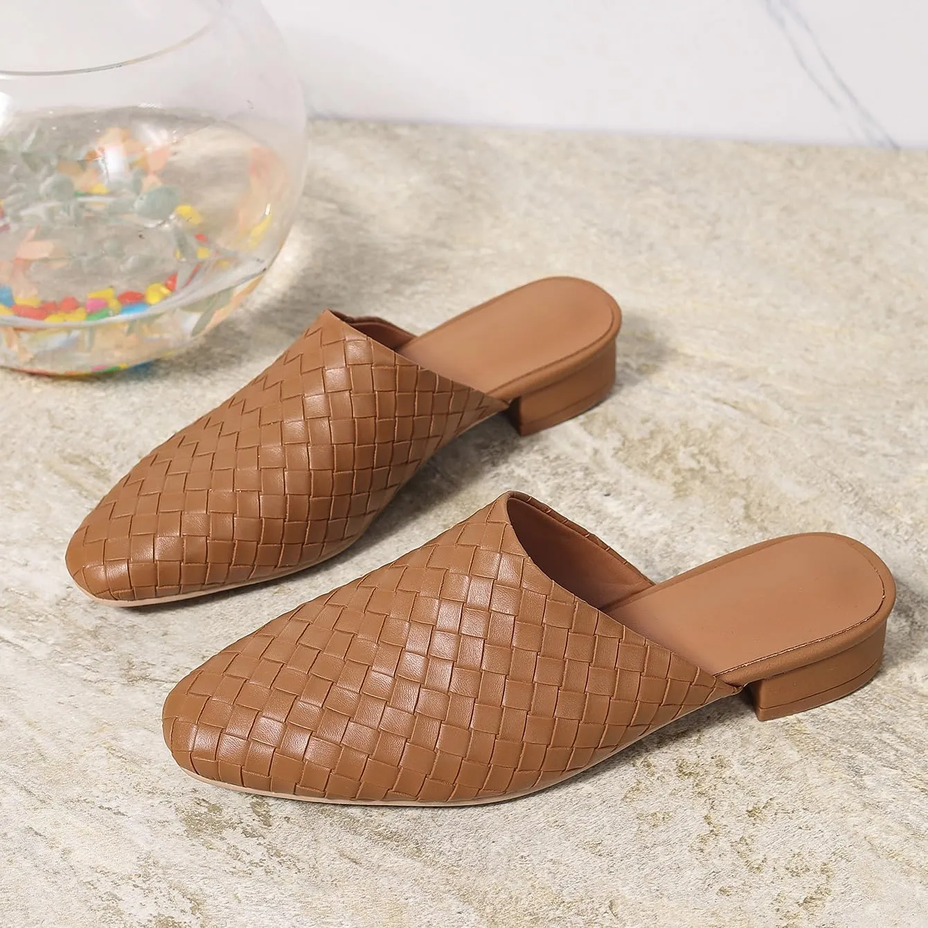Kluolandi Heeled Woven Mules for Women Low Mule Heels Closed Toe Slip On Slides Backless Loafer Shoes