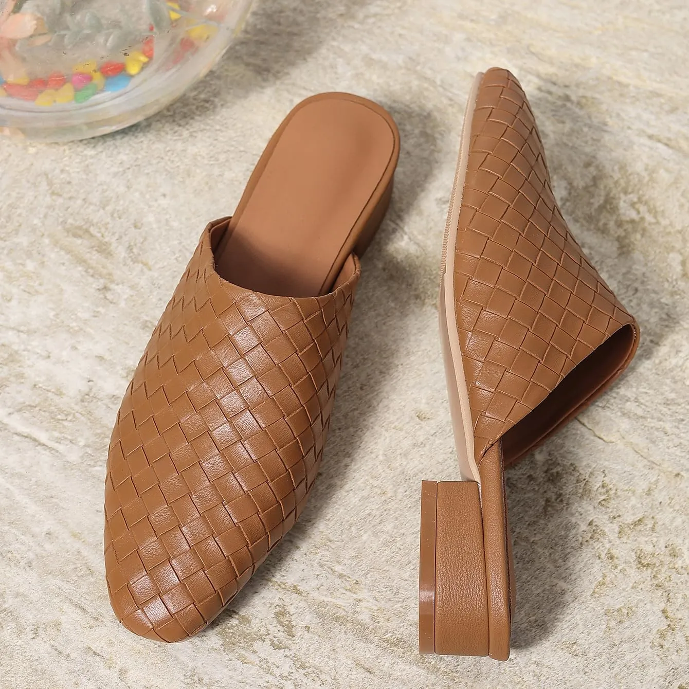 Kluolandi Heeled Woven Mules for Women Low Mule Heels Closed Toe Slip On Slides Backless Loafer Shoes