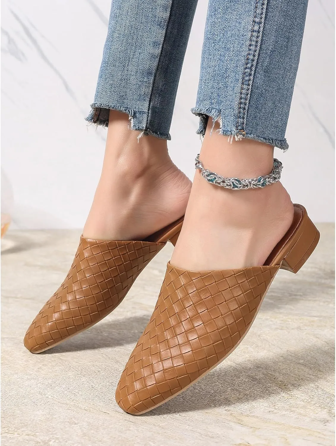 Kluolandi Heeled Woven Mules for Women Low Mule Heels Closed Toe Slip On Slides Backless Loafer Shoes
