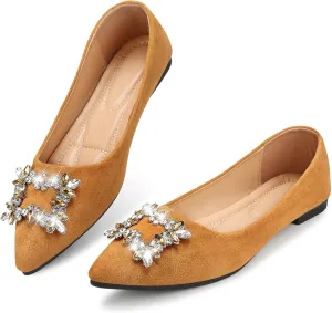 KUNWFNIX Women's Ballet Flats Crystal Wedding Ballerina Shoes Pointed Toe Pearl Diamond Low Heel Comfortable Dressy Work Business Dance Flats