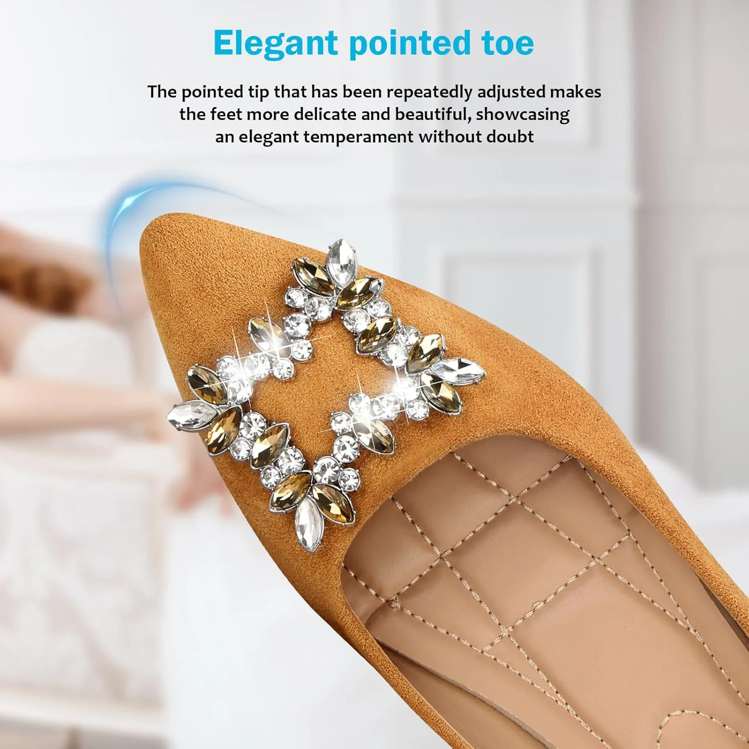 KUNWFNIX Women's Ballet Flats Crystal Wedding Ballerina Shoes Pointed Toe Pearl Diamond Low Heel Comfortable Dressy Work Business Dance Flats