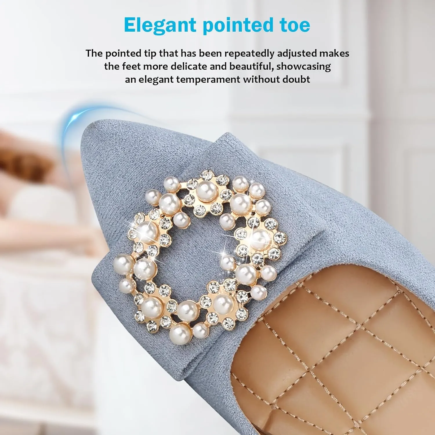 KUNWFNIX Women's Ballet Flats Crystal Wedding Ballerina Shoes Pointed Toe Pearl Diamond Low Heel Comfortable Dressy Work Business Dance Flats