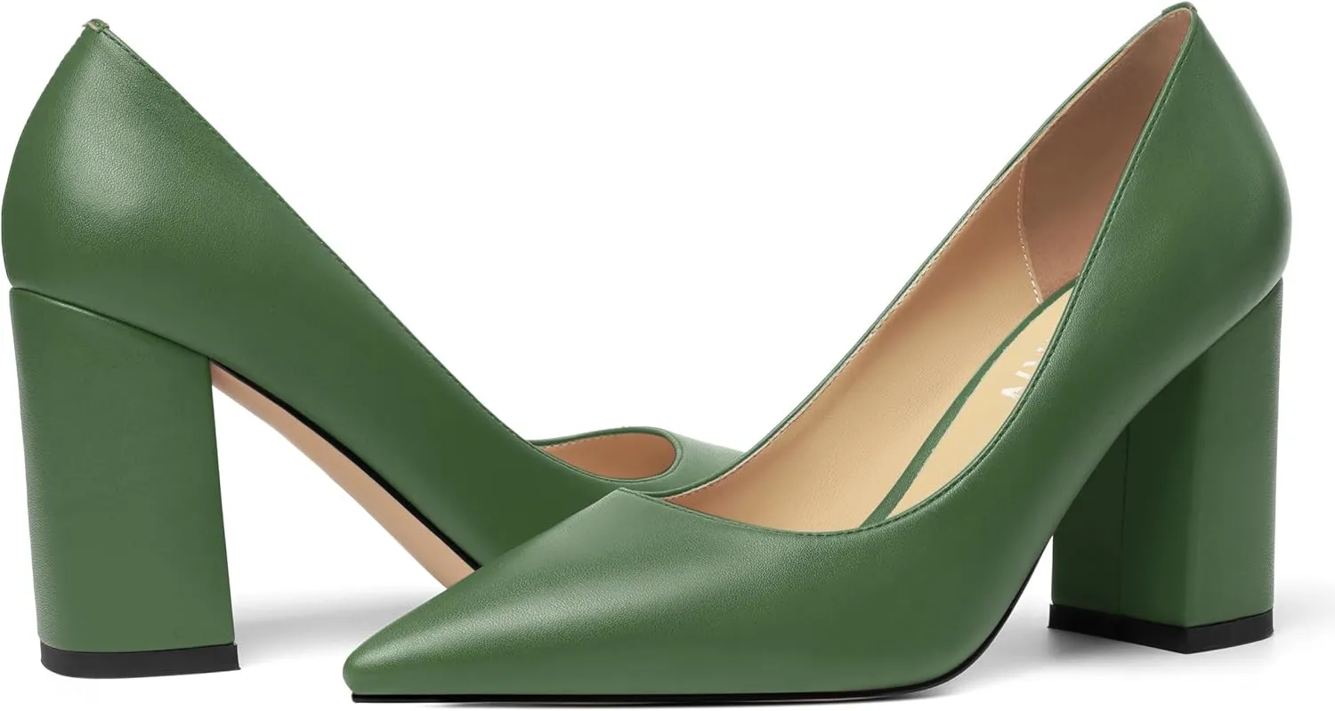 KUOARN Womens Office Formal Pointed Toe Solid Matte Slip On Block High Heel Pumps Shoes 3.3 Inch