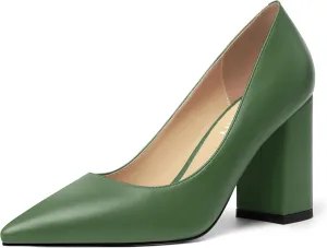 KUOARN Womens Office Formal Pointed Toe Solid Matte Slip On Block High Heel Pumps Shoes 3.3 Inch