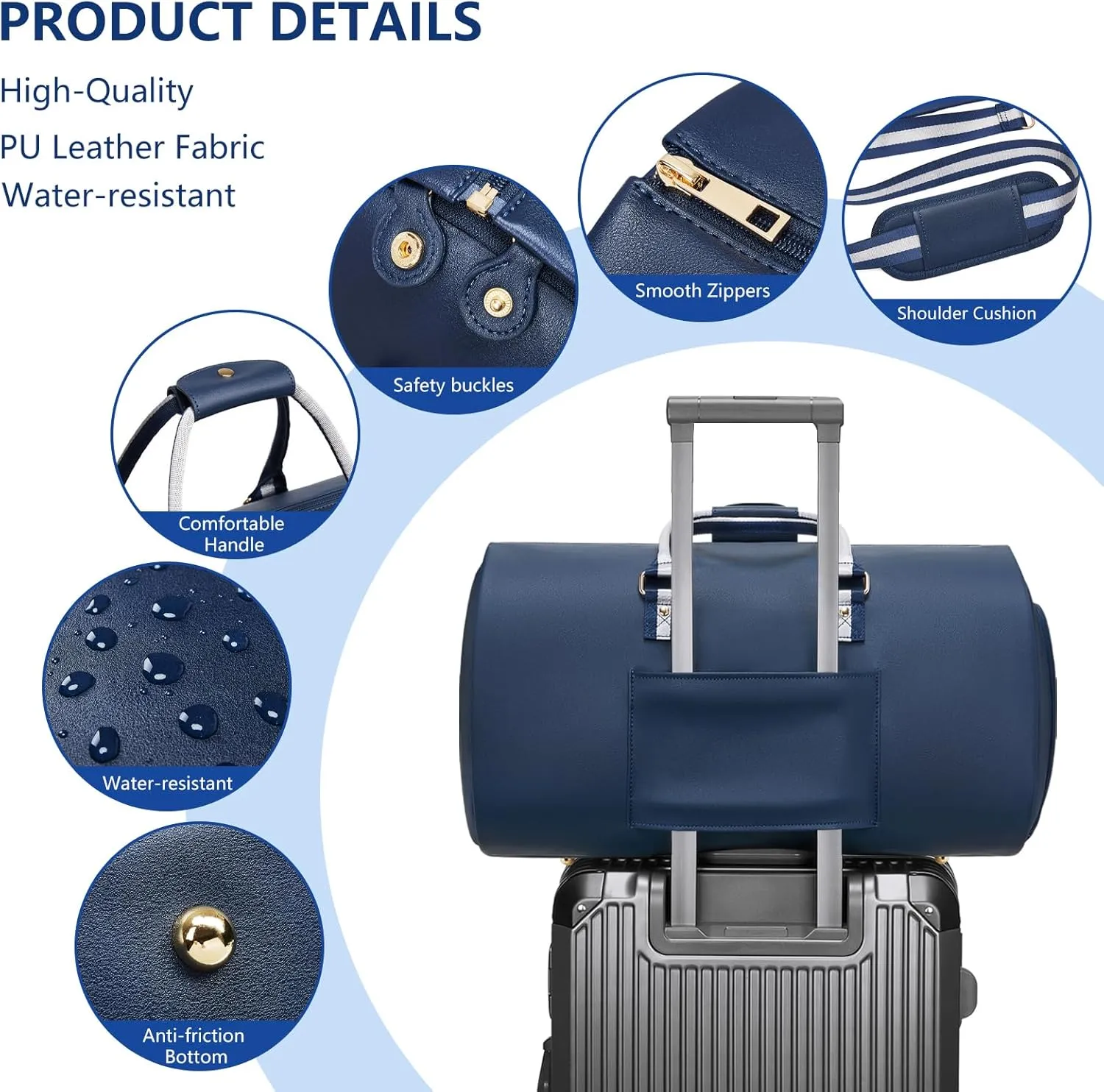 Leather Garment Bags for Travel, Convertible Carry on Garment Duffel Bag for Men, 2 in 1 Waterproof Foldable Travel Suit Bag with Shoulder Strap Weekender Bag with Shoe Pouch, Blue