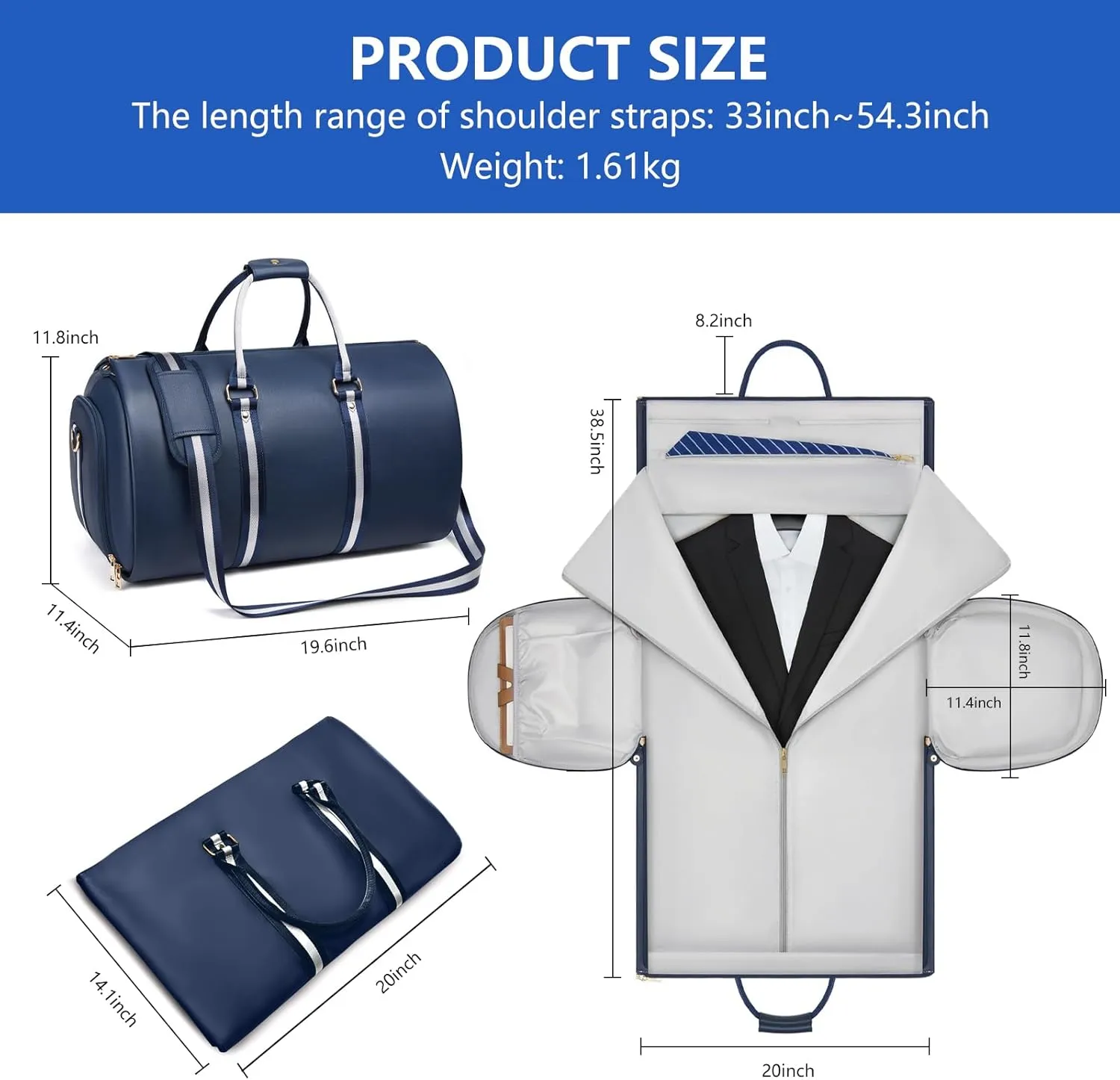 Leather Garment Bags for Travel, Convertible Carry on Garment Duffel Bag for Men, 2 in 1 Waterproof Foldable Travel Suit Bag with Shoulder Strap Weekender Bag with Shoe Pouch, Blue