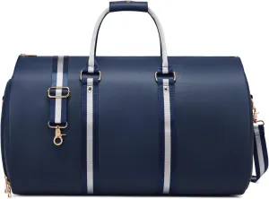 Leather Garment Bags for Travel, Convertible Carry on Garment Duffel Bag for Men, 2 in 1 Waterproof Foldable Travel Suit Bag with Shoulder Strap Weekender Bag with Shoe Pouch, Blue