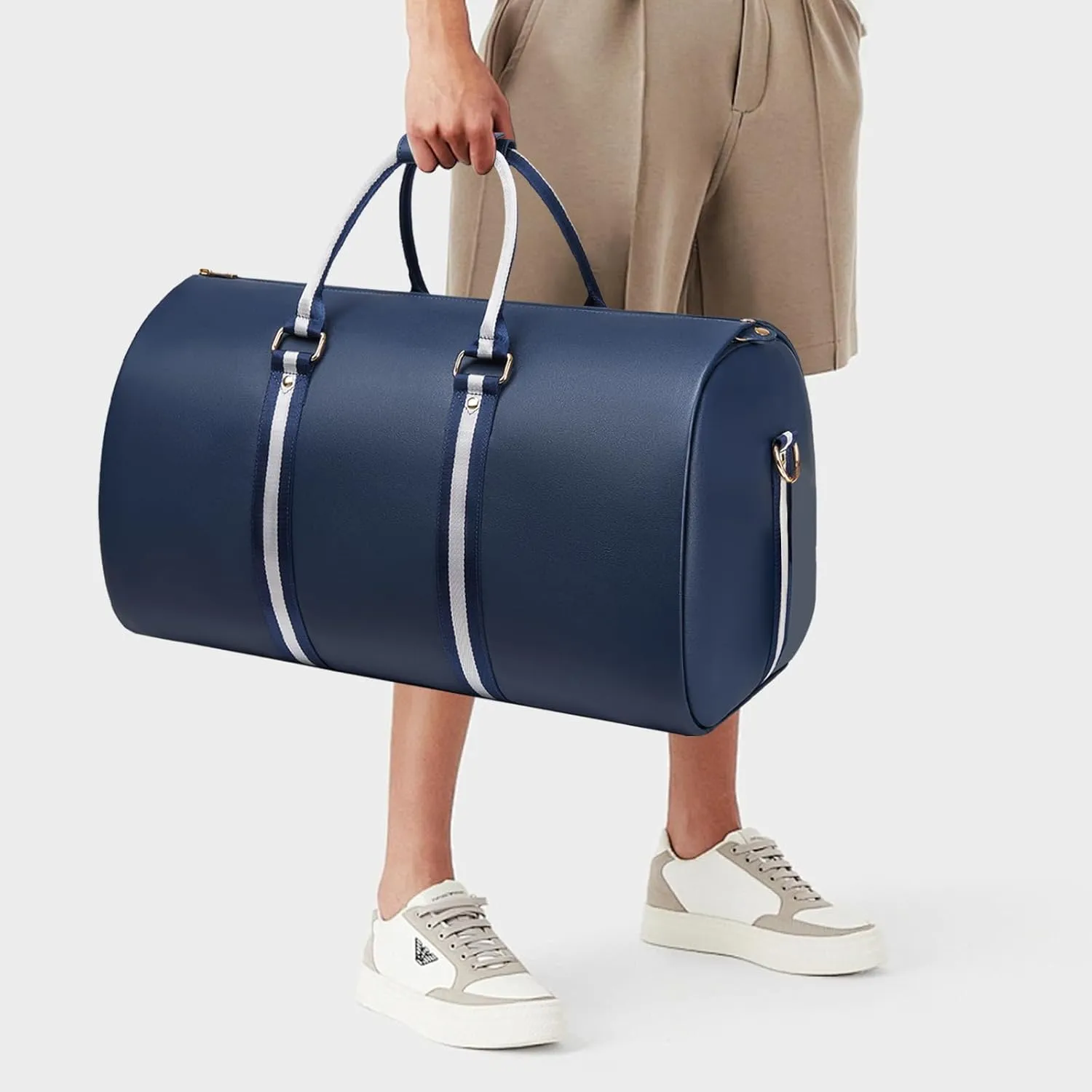 Leather Garment Bags for Travel, Convertible Carry on Garment Duffel Bag for Men, 2 in 1 Waterproof Foldable Travel Suit Bag with Shoulder Strap Weekender Bag with Shoe Pouch, Blue