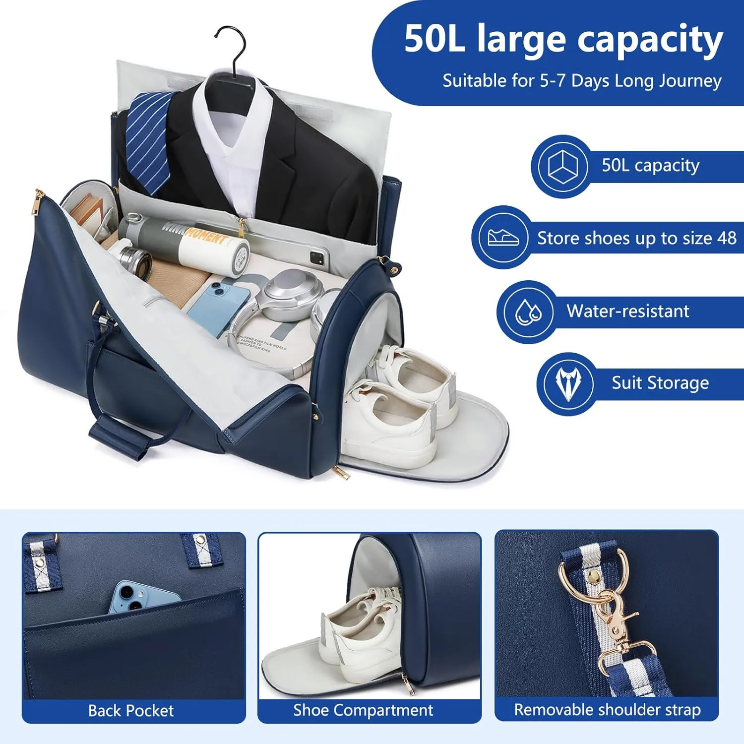 Leather Garment Bags for Travel, Convertible Carry on Garment Duffel Bag for Men, 2 in 1 Waterproof Foldable Travel Suit Bag with Shoulder Strap Weekender Bag with Shoe Pouch, Blue