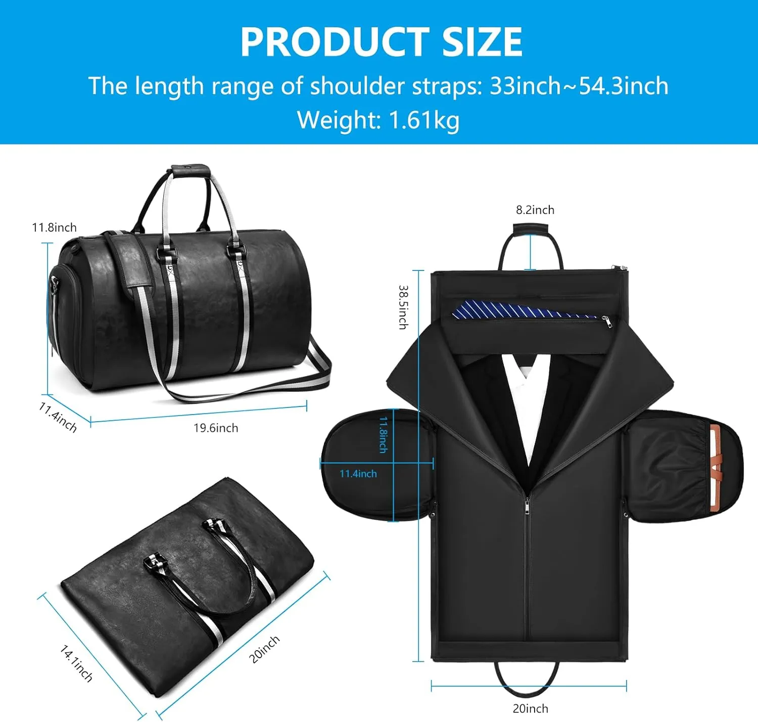 Leather Garment Bags for Travel, Convertible Carry on Garment Duffel Bag for Men, 2 in 1 Waterproof Foldable Travel Suit Bag with Shoulder Strap Weekender Bag with Shoe Pouch