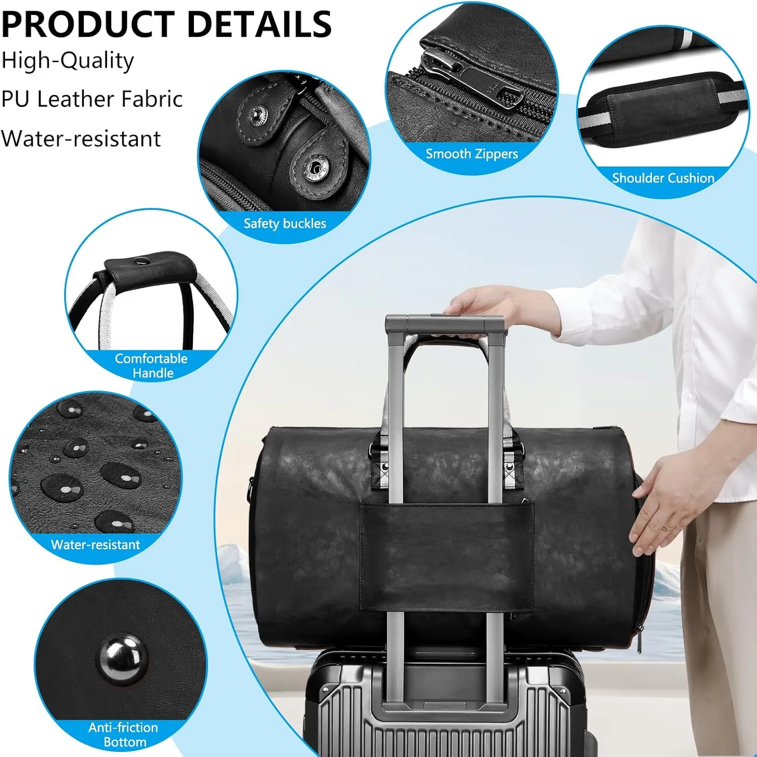 Leather Garment Bags for Travel, Convertible Carry on Garment Duffel Bag for Men, 2 in 1 Waterproof Foldable Travel Suit Bag with Shoulder Strap Weekender Bag with Shoe Pouch