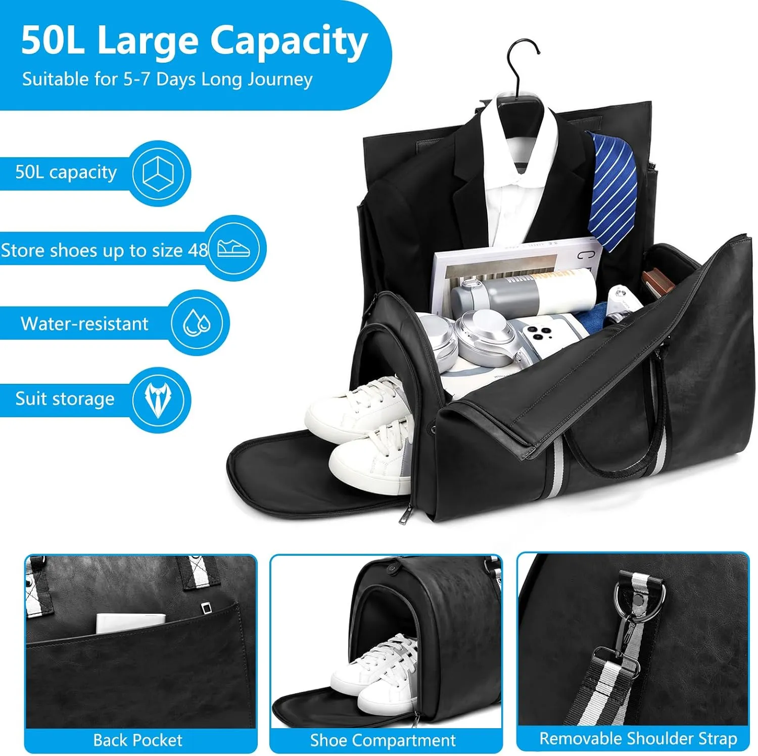 Leather Garment Bags for Travel, Convertible Carry on Garment Duffel Bag for Men, 2 in 1 Waterproof Foldable Travel Suit Bag with Shoulder Strap Weekender Bag with Shoe Pouch