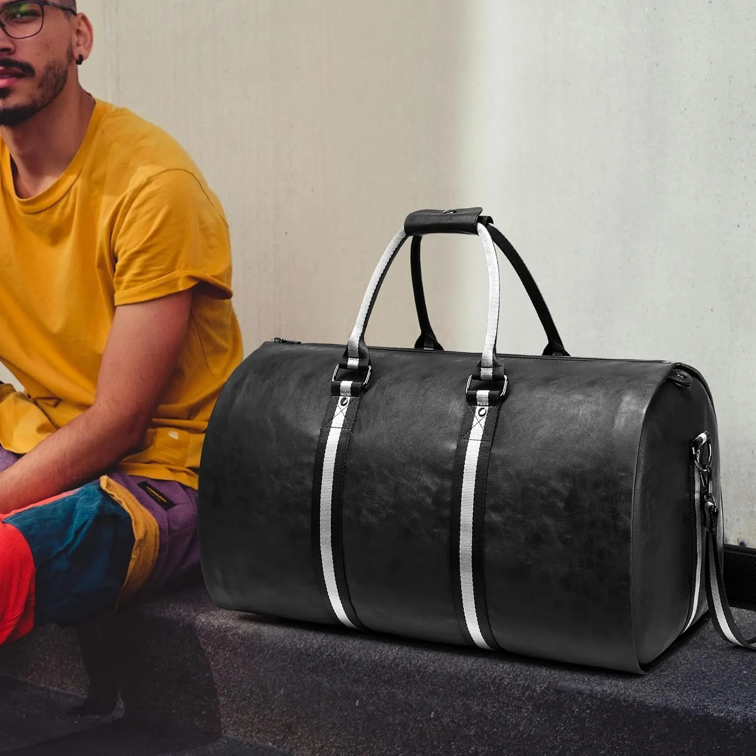 Leather Garment Bags for Travel, Convertible Carry on Garment Duffel Bag for Men, 2 in 1 Waterproof Foldable Travel Suit Bag with Shoulder Strap Weekender Bag with Shoe Pouch