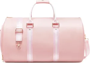 Leather Garment Bags for Travel, Convertible Carry on Garment Duffel Bag for Women, 2 in 1 Waterproof Foldable Travel Suit Bag with Shoulder Strap Weekender Bag with Shoe Pouch, Pink
