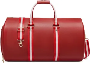 Leather Garment Bags for Travel, Convertible Carry on Garment Duffel Bag for Women, 2 in 1 Waterproof Foldable Travel Suit Bag with Shoulder Strap Weekender Bag with Shoe Pouch, Red