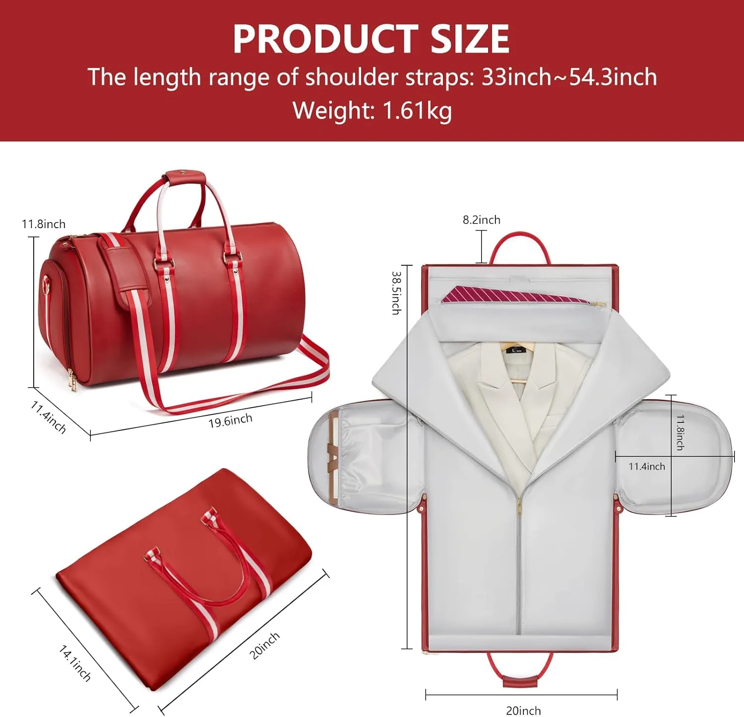 Leather Garment Bags for Travel, Convertible Carry on Garment Duffel Bag for Women, 2 in 1 Waterproof Foldable Travel Suit Bag with Shoulder Strap Weekender Bag with Shoe Pouch, Red