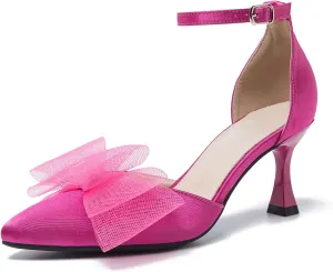 LIURUIJIA Women's Closed Toe Bow Heels Ankle Strap Pointed Toe Satin Low Heel Pumps Comfortable Wedding Bridal Party Prom Dress Shoes