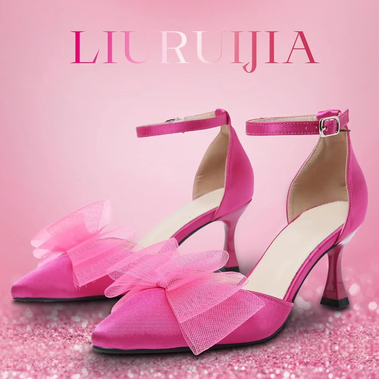LIURUIJIA Women's Closed Toe Bow Heels Ankle Strap Pointed Toe Satin Low Heel Pumps Comfortable Wedding Bridal Party Prom Dress Shoes