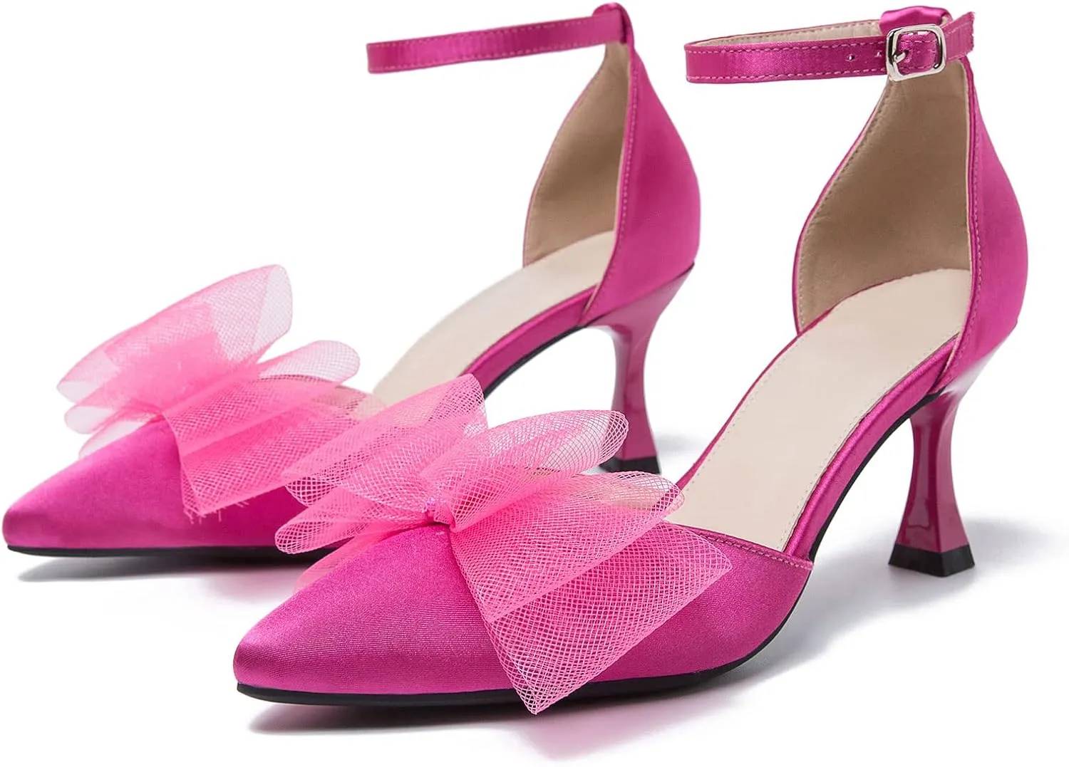 LIURUIJIA Women's Closed Toe Bow Heels Ankle Strap Pointed Toe Satin Low Heel Pumps Comfortable Wedding Bridal Party Prom Dress Shoes
