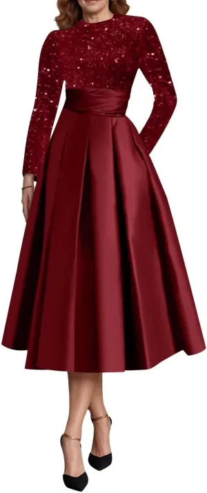 Long Sleeve Mother of The Bride Dresses for Women Sparkly Sequin A Line Prom Gowns Satin Tea Length Wedding Party Dress