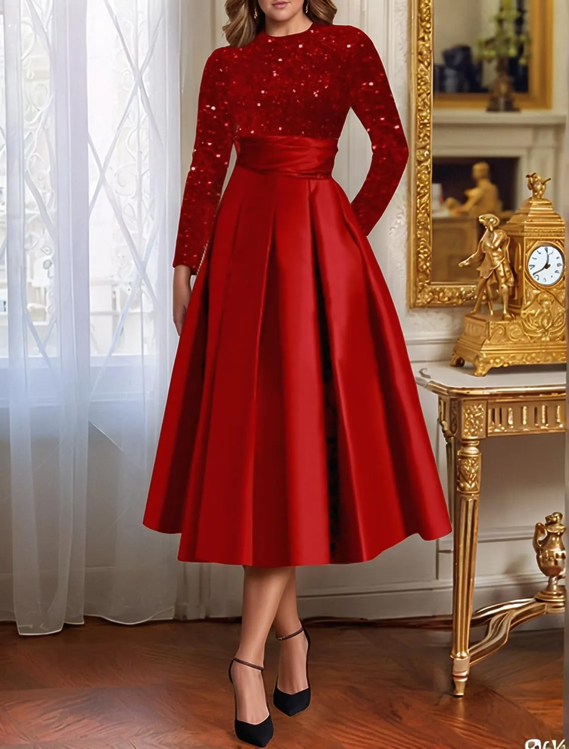 Long Sleeve Mother of The Bride Dresses for Women Sparkly Sequin A Line Prom Gowns Satin Tea Length Wedding Party Dress
